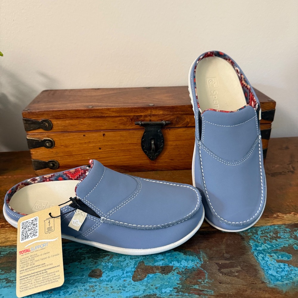 NWT Spenco Siesta Mules Womens 7 Blue Leather Southwestern Wool orthotic Slipon
